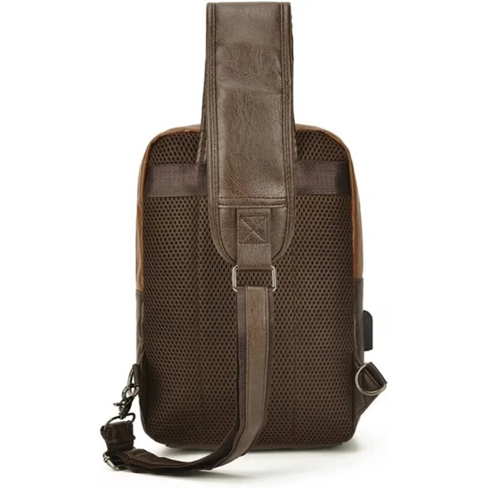 💫 Men Brown Vintage Leather Sling Crossbody Chest Backpack Travel Bags